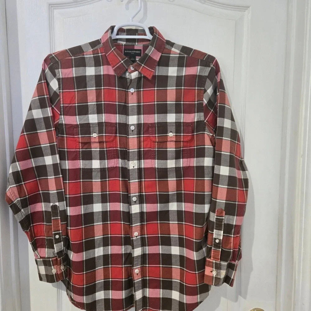 Banana Republic‎ Button Down Shirt Mens L Red Brown Plaid  Long Sleeve preppy
